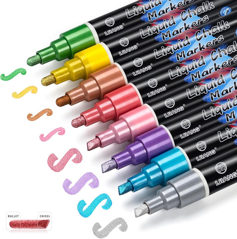 IJIANG Liquid Chalk Markers - Metallic 8Colors, Chalk Markers - 6mm Reversible Tip for Glass, Window, Cars, Chalkboard, Whiteboard, Blackboard Signs - Image 1
